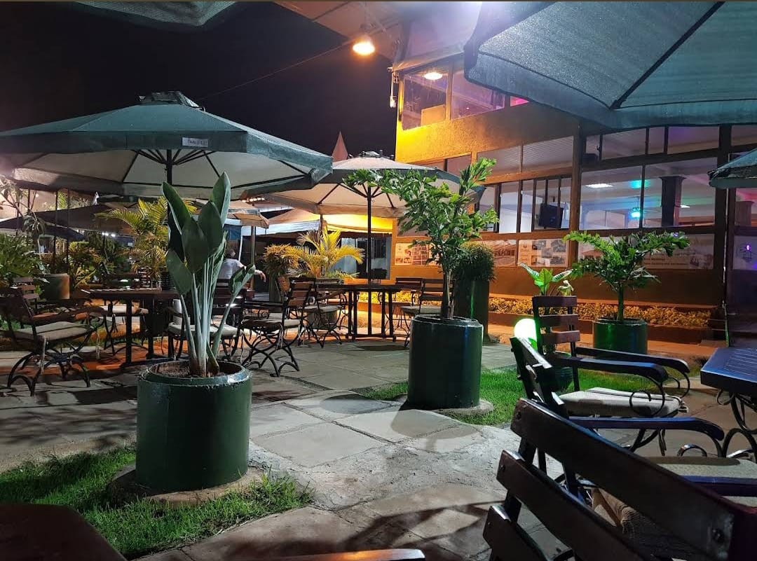 An outdoor seating area of a restaurant at night. It features green patio umbrellas, comfortable wooden chairs, and large potted plants, all illuminated by warm overhead string lights.